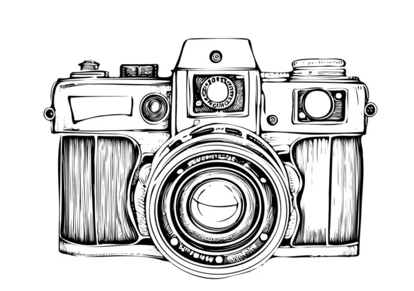 stock vector Photo camera retro sketch hand drawn engraving style Vector illustration.