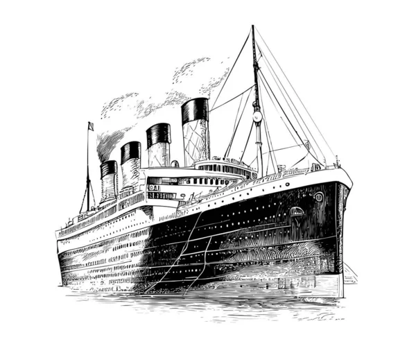 大型蒸汽船复古手绘版画风格草图四分之三视图矢量图 — 图库矢量图片