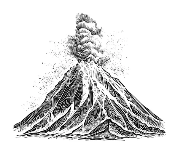Wulkan Plujący Lawą Ręcznie Rysowane Szkic Grawerowanie Styl Wektor Ilustracja — Wektor stockowy