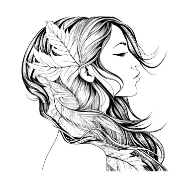 Yapraklı uzun saçlı güzel bir kızın portresi. El çizimi, yan görünüm profili, vektör illüstrasyonu.