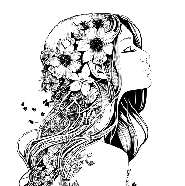 長い花の髪のスケッチの手で美しい女の子の肖像ベクトルイラスト — ストックベクタ