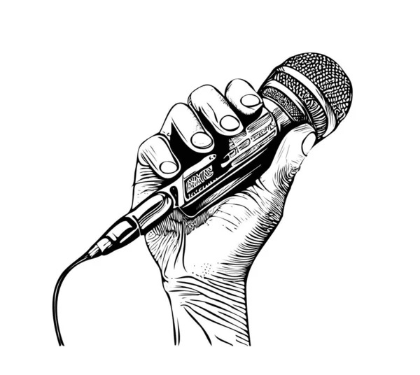 Människans Hand Håller Mikrofon Handritad Skiss Gravyr Stil — Stock vektor