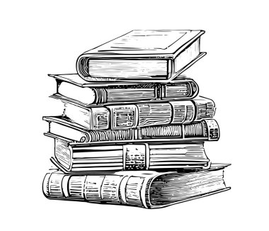 Eski kitap yığını, klasik çizim el çizimi Vektör illüstrasyonu.