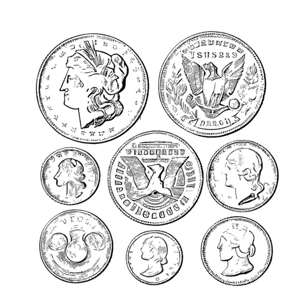 Old Coins Abstract Retro Sketch Hand Drawn Engraving Style Vector — Stock Vector