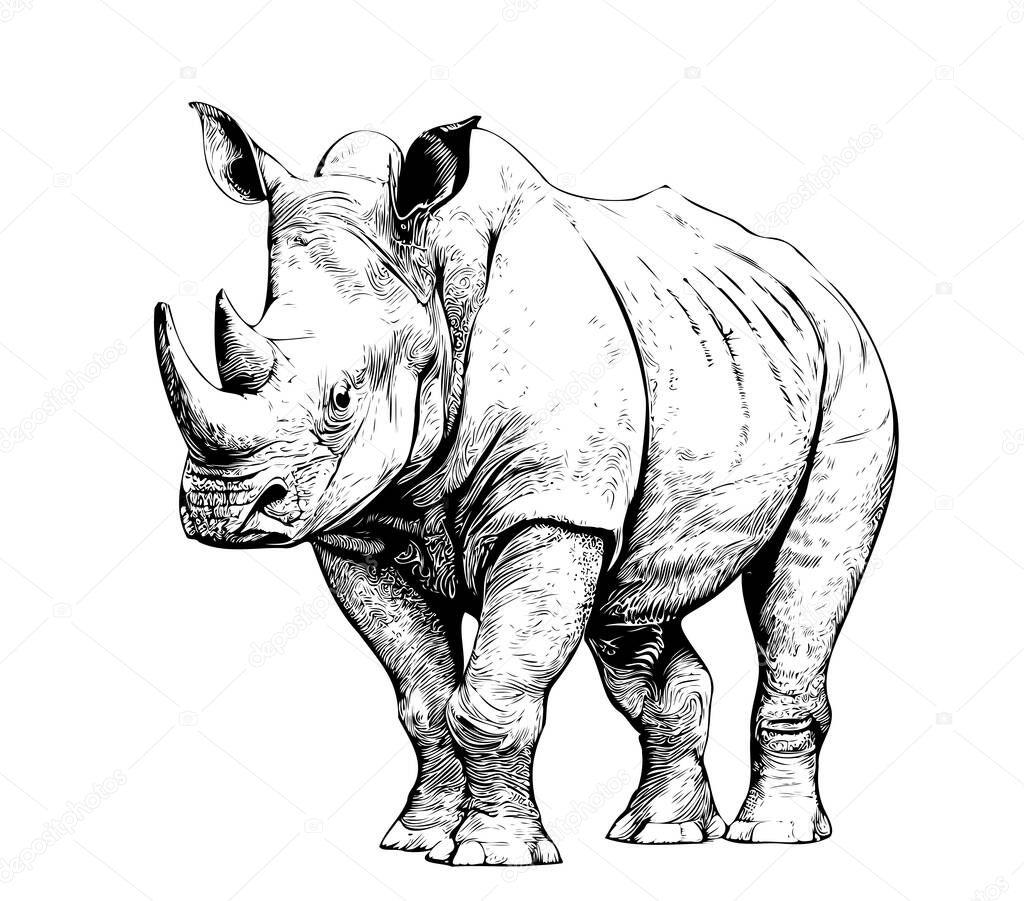 Rhino standing hand drawn engraving style sketch Vector illustration.