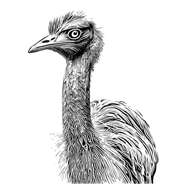 Struisvogelportret Schets Met Hand Getekend Graveerstijl Vectorillustratie — Stockvector
