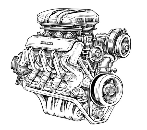 Auto Motor Schets Met Hand Getekend Gegraveerde Stijl Engineering Vector — Stockvector