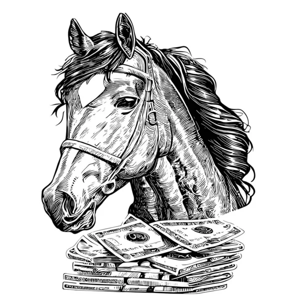 Paard Geld Hand Getekend Schets Graveren Stijl Business Vector Illustratie — Stockvector