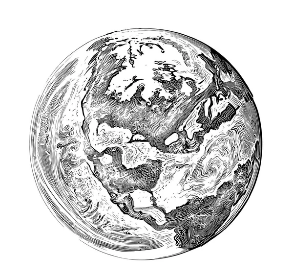 惑星地球の手の彫刻スタイルでスケッチを描いたベクトルイラスト — ストックベクタ
