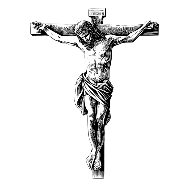 Σταυρός Crucifix Χέρι Σκίτσο Του Ιησού Ζωγραφισμένο Χαραγμένο Στυλ Θρησκεία — Διανυσματικό Αρχείο