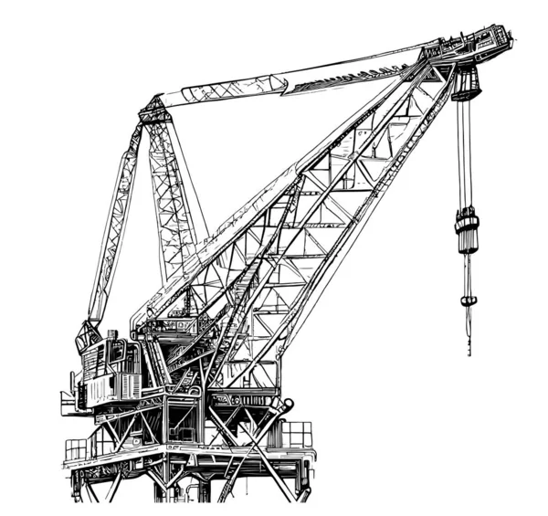 Construction Crane Hand Drawn Sketch Engraving Style Engineering Vector Illustration — Stock Vector