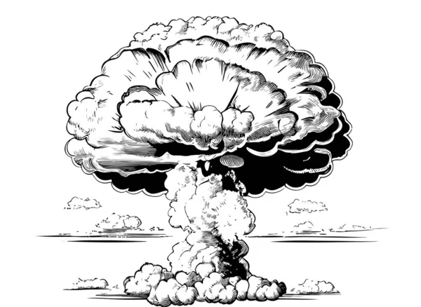 Nucleaire Explosie Met Hand Getekend Graveren Stijl Schets Vector Illustratie — Stockvector