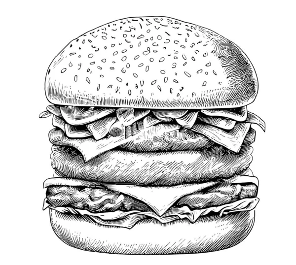 Hamburger Burger Skizze Handgezeichneter Kupferstichstil Vector Illustration — Stockvektor