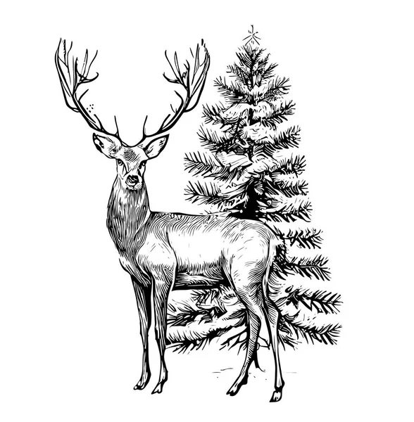 鹿は彫刻スタイルで描かれたクリスマスツリーのスケッチの手の背景に立つベクトルイラスト — ストックベクタ