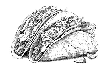 Taco el çizimi gravür stili eskiz Restoran iş konsepti Vektör illüstrasyonu.