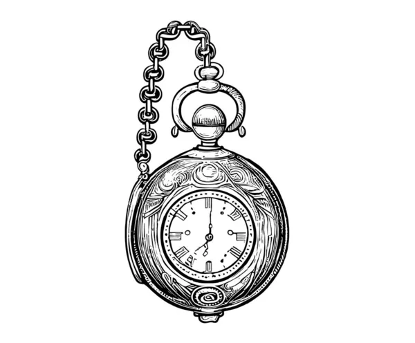 Vieille Horloge Médaillon Vintage Croquis Dessin Main Gravure Style Illustration — Image vectorielle