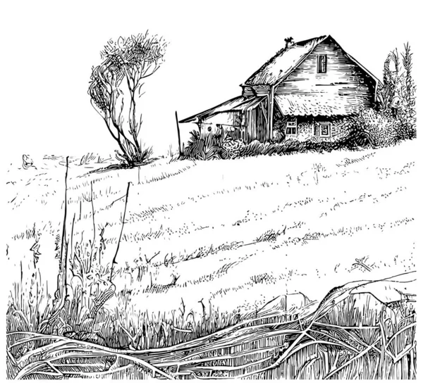 Paisagem Antiga Casa Fazenda Prado Mão Desenhada Esboço Vector Ilustração — Vetor de Stock
