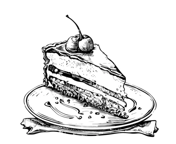 Pièce Gâteau Sur Une Assiette Croquis Dessiné Main Illustration Vectorielle — Image vectorielle