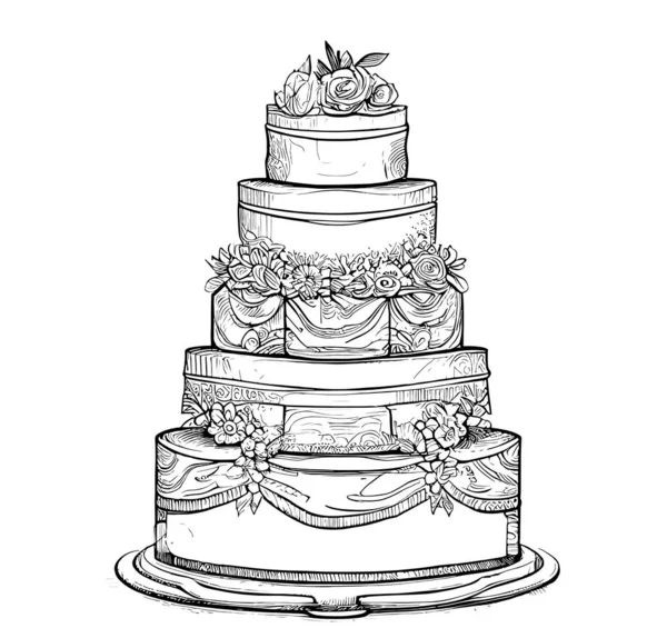 Γάμος Νόστιμο Χέρι Κέικ Ζωγραφισμένα Σκίτσο Διάνυσμα Εικονογράφηση — Διανυσματικό Αρχείο