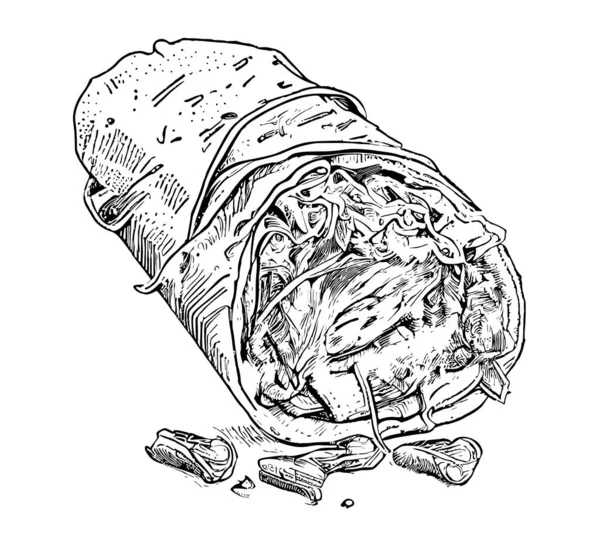 Doner Shawarma Skiss Hand Ritad Snabbmat Vektor Illustration — Stock vektor