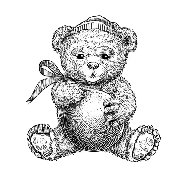 戴帽子的泰迪熊坐在那里 在它的爪子草图中拿着一个气球 手绘了向量图 — 图库矢量图片