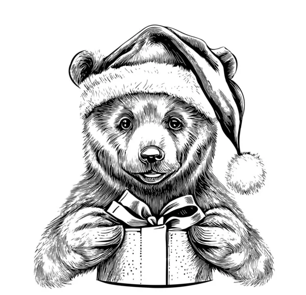 泰迪戴着一顶圣诞礼帽 手里拿着礼物 手绘着圣诞素描 — 图库矢量图片