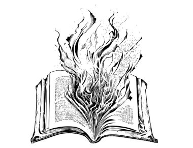 Kitap ateşte açılıp yakılıyor, çizilmiş taslak Vektör illüstrasyonu.
