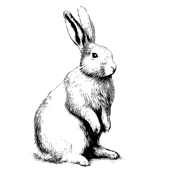 Rabbit Sentado Esboço Mão Desenhada Vista Lateral Gravura Estilo Vetor — Vetor de Stock