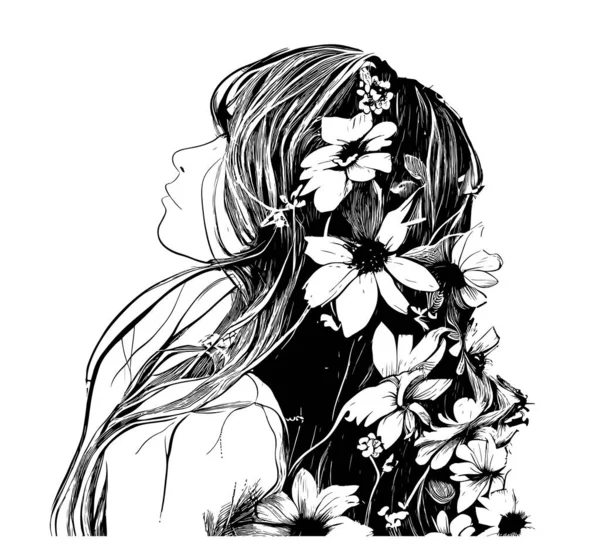 Portrait Une Fille Avec Des Fleurs Dans Ses Cheveux Croquis — Image vectorielle