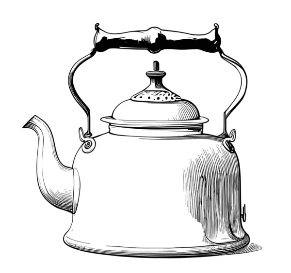 Retro Teapot Sketch Hand Drawn Side View Engraving Style Vector — Stock Vector