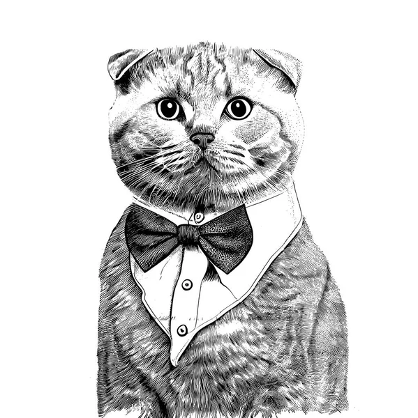 Portrait Scottish Fold Cat Bow Tie Gentleman Sketch Hand Drawn — Stock Vector