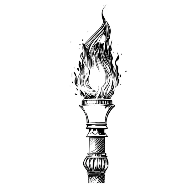 Vieille Torche Vintage Avec Croquis Feu Croquis Dessiné Main Illustration — Image vectorielle