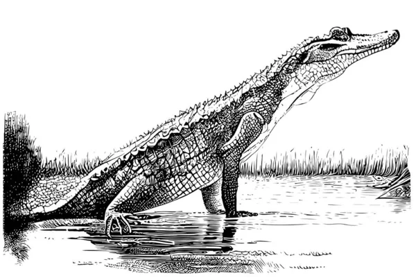 Crocodile Croquis Croquis Dessiné Main Style Gravure Illustration Vectorielle Vue — Image vectorielle