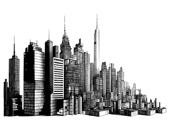 Città Edifici Silhouette Schizzo Disegnato Mano Schizzo Incisione Stile Vettoriale — Vettoriale Stock