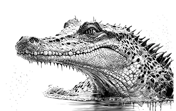 Krokodil Portret Schets Met Hand Getekend Schets Graveren Stijl Zijaanzicht — Stockvector