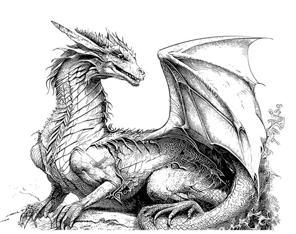 Dragon Met Vleugels Schets Met Hand Getekend Schets Graveren Stijl — Stockvector