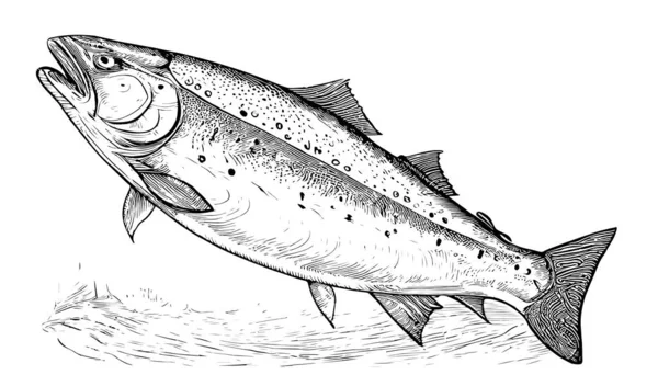 Disegno Pesce Salmone Disegnato Mano Stile Inciso Illustrazione Vettoriale — Vettoriale Stock