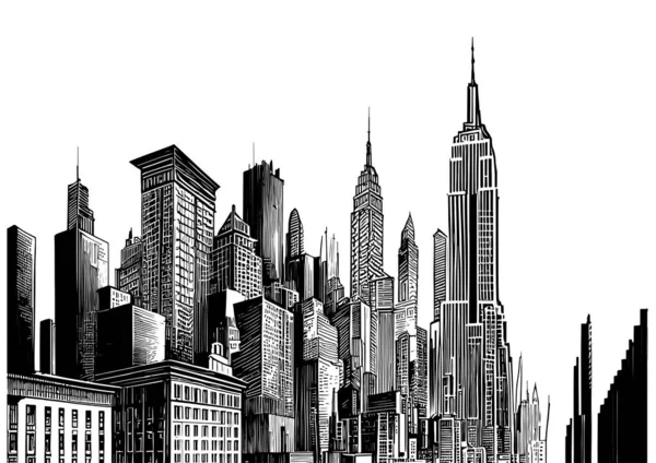 城市轮廓草图手绘雕刻风格矢量插图 — 图库矢量图片