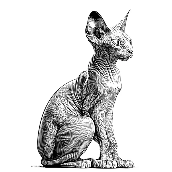 Кошка Волос Сфинкс Породы Эскиз Ручной Работы Гравированный Стиль Векторная — стоковый вектор