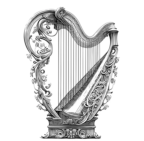 Vintage Harp Schets Hand Getekend Gegraveerde Stijl Vector Illustratie — Stockvector