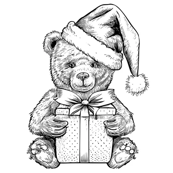 Плюшевий Ведмідь Капелюсі Санта Сидить Тримає Подарунок Лапах Ескізна Рука — стоковий вектор