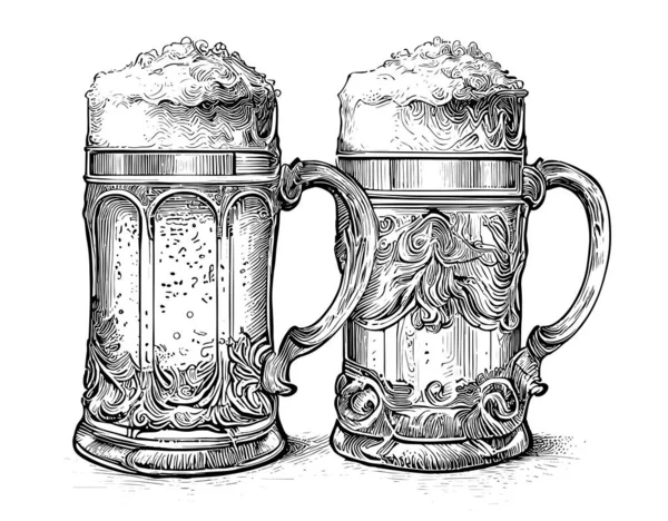 Duas Canecas Desenho Retrô Cerveja Desenhado Mão Estilo Gravado Ilustração — Vetor de Stock