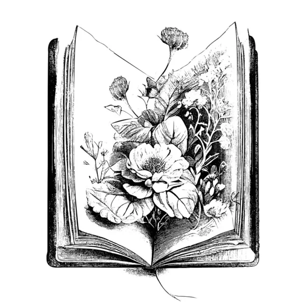 Book Open Flowers Vintage Sketch Hand Drawn Engraved Style Vector — Stock Vector
