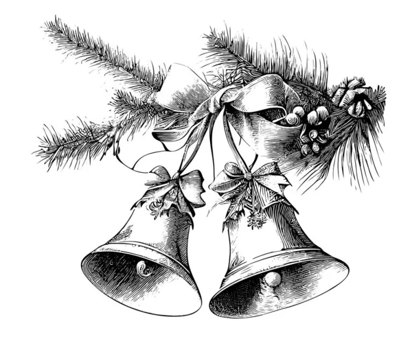 Noel Çanları Bir Köknar Dalı Üzerine Kazınmış Stil Çizimi Vektör — Stok Vektör