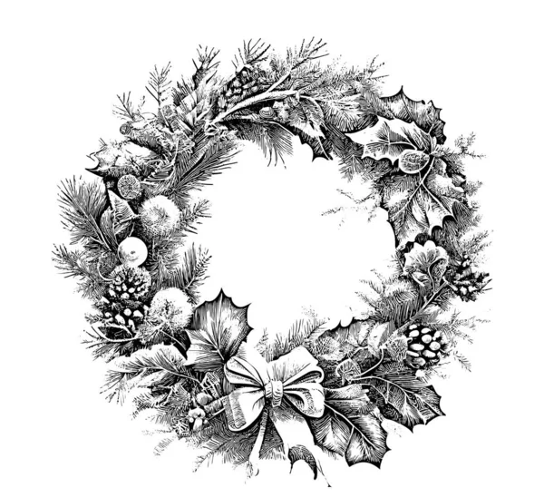 Christmas Wreath Hand Drawn Engraved Style Sketch Vector Illustration — Stock Vector