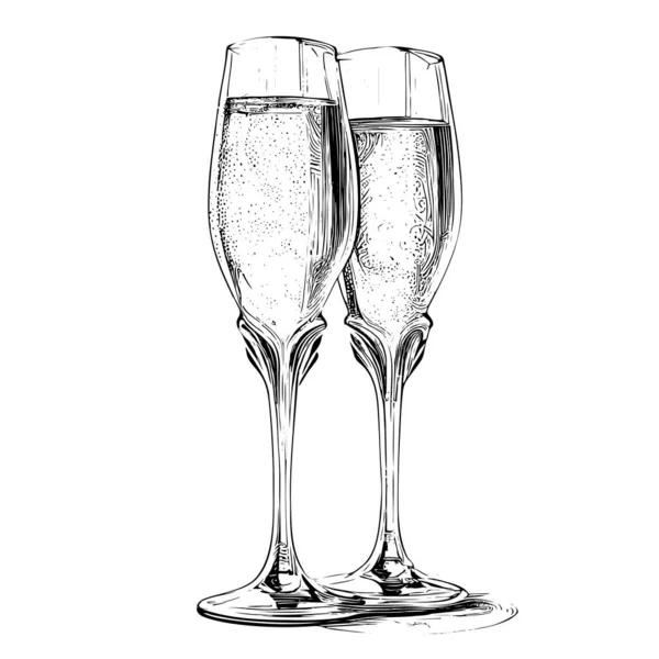 Två Glas Champagne Skiss Hand Dras Graverad Stil Vektor Illustration — Stock vektor