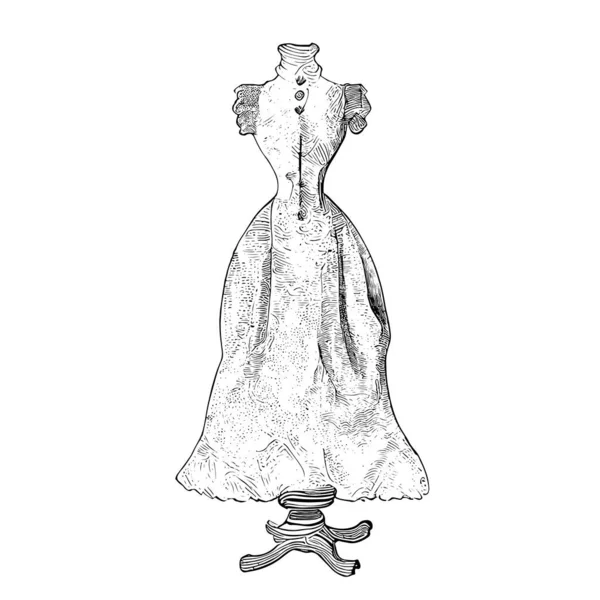 Robe Vintage Mariage Sur Mannequin Croquis Style Gravé Main Illustration — Image vectorielle