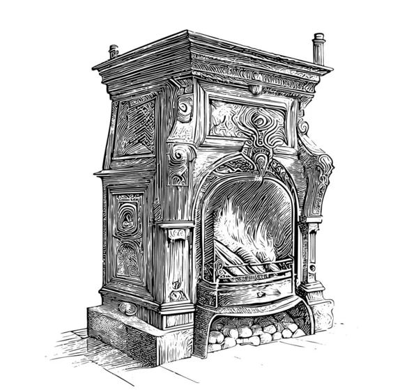 Vintage Old Fireplace Sketch Hand Drawn Engraved Style Vector Illustration — Stock Vector