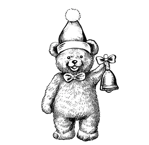 Αρκουδάκι Santa Καπέλο Στέκεται Και Κρατώντας Χέρι Καμπάνα Σχέδιο Χαρακτική — Διανυσματικό Αρχείο