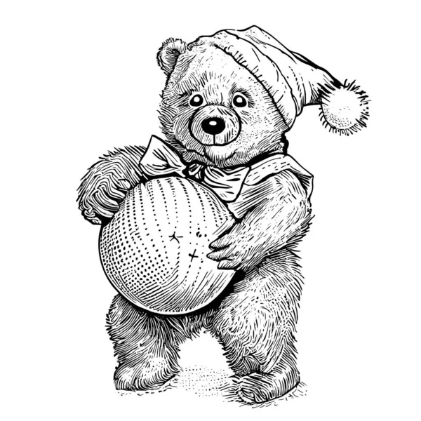 Αρκουδάκι Santa Καπέλο Στέκεται Και Κρατώντας Χριστούγεννα Μπάλα Χαρακτική Σκίτσο — Διανυσματικό Αρχείο